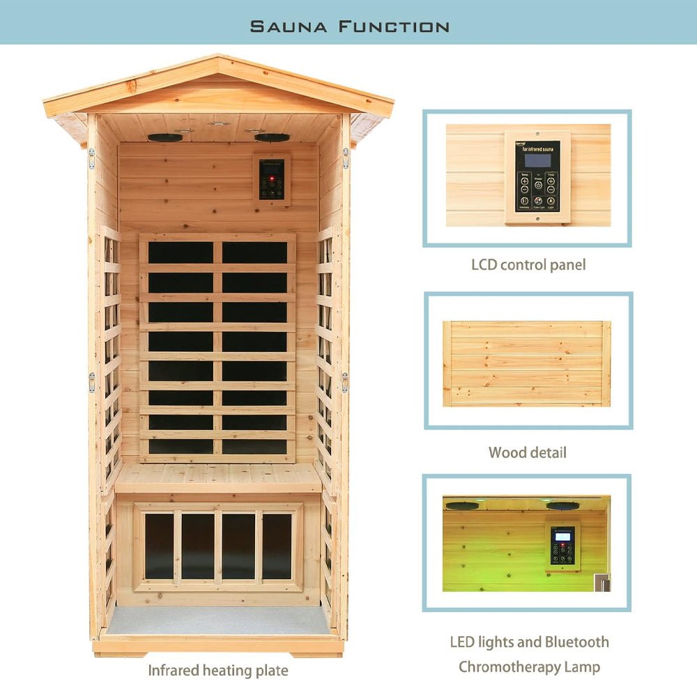 1-Person Ultra Low EMF Outdoor FAR Infrared Heat Hemlock Wood Personal Home Spa Sauna, 1560W