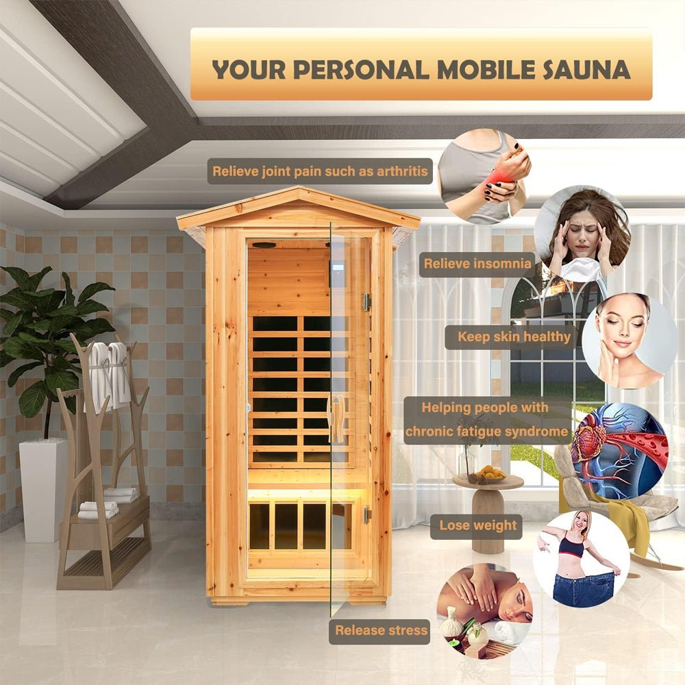 1-Person Ultra Low EMF Outdoor FAR Infrared Heat Hemlock Wood Personal Home Spa Sauna, 1560W