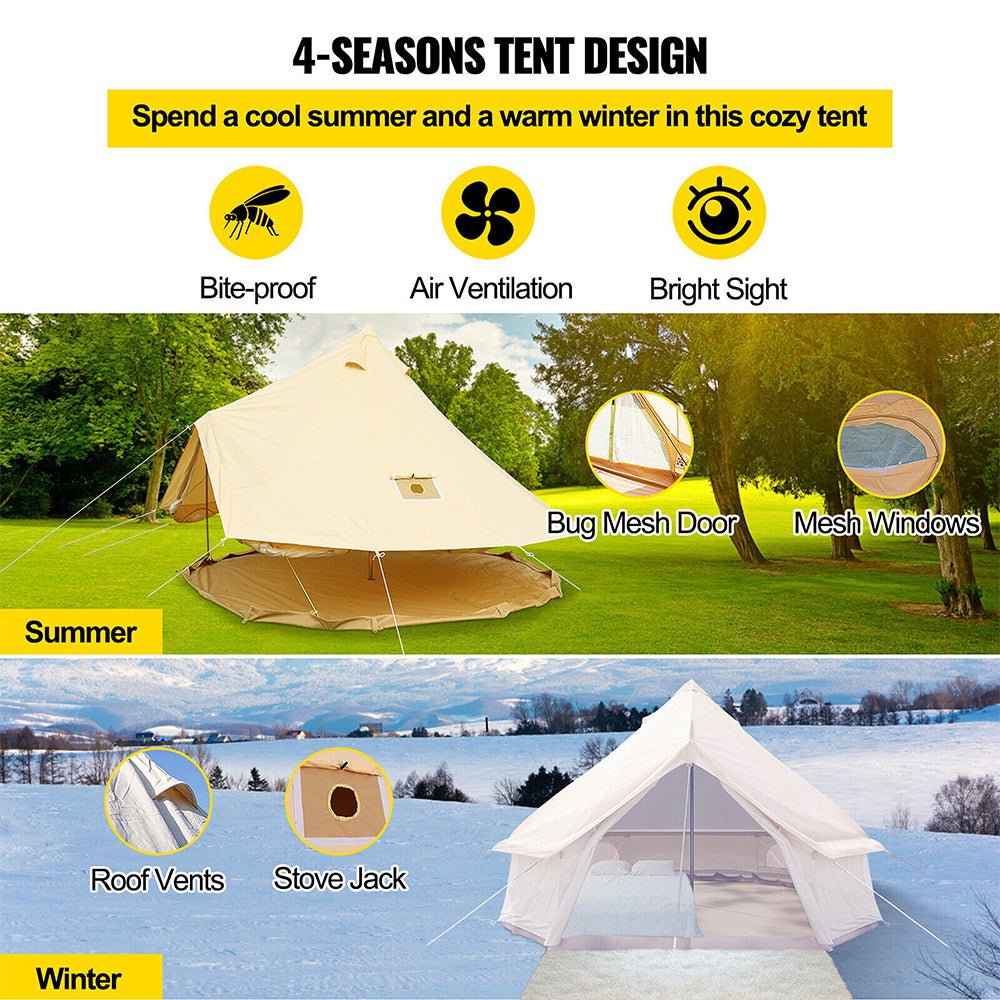13FT Outdoor Glamping Yurt Teepee Canvas Camping Bell Family Waterproof Tent W/ Stove Jack