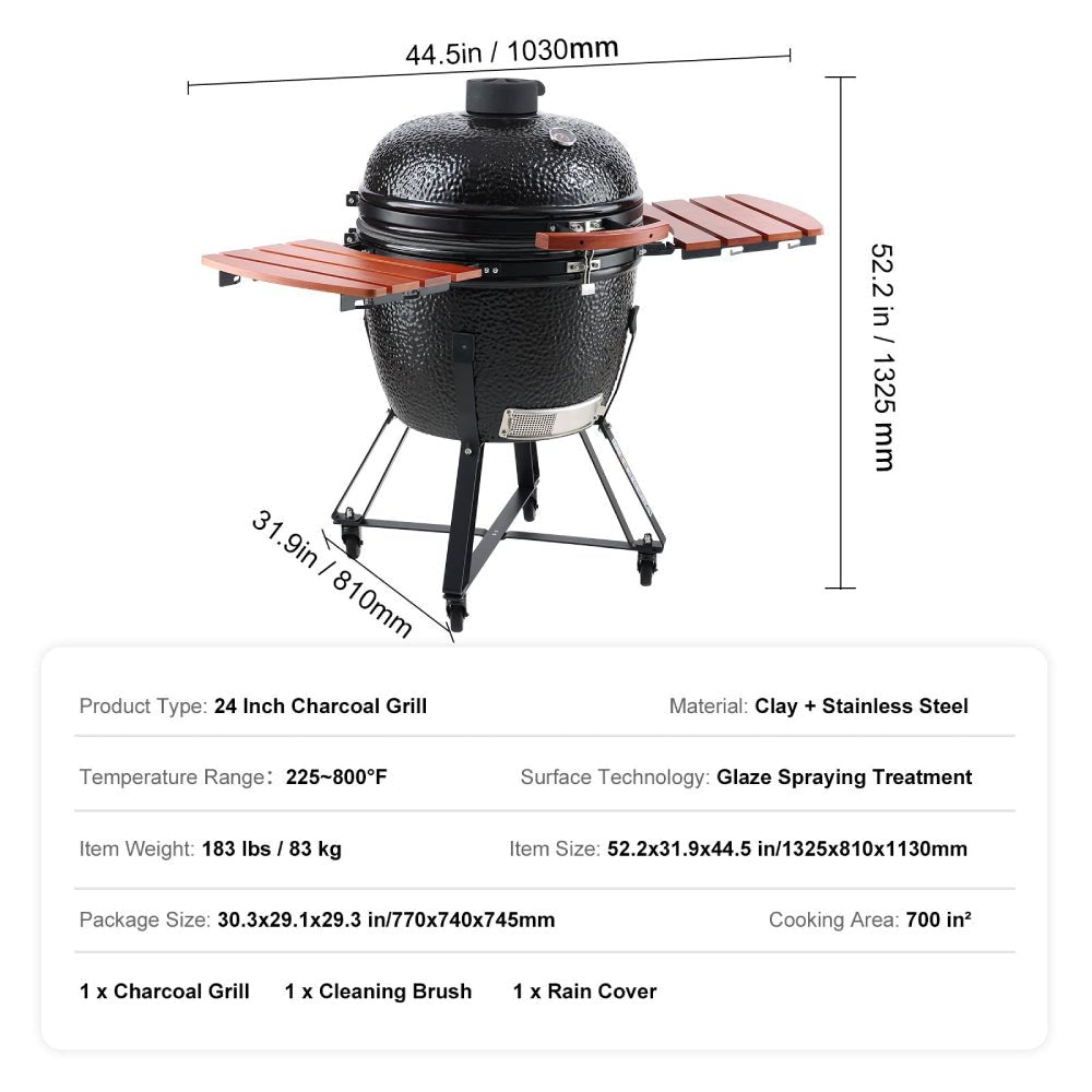 24" Ceramic Portable Round Outdoor Barbecue Smoker Grill For Patio (93820572)