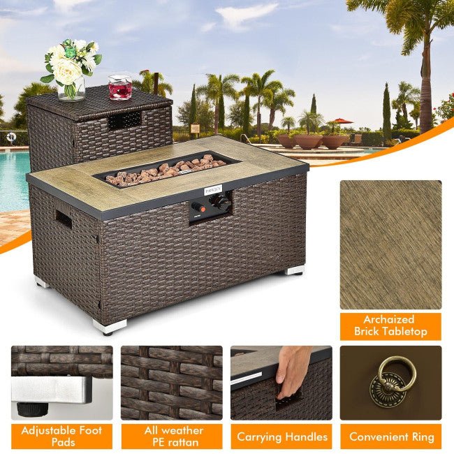 32" Propane Rattan Fire Pit Table Set W/ Side Table Tank & Cover (90165397)