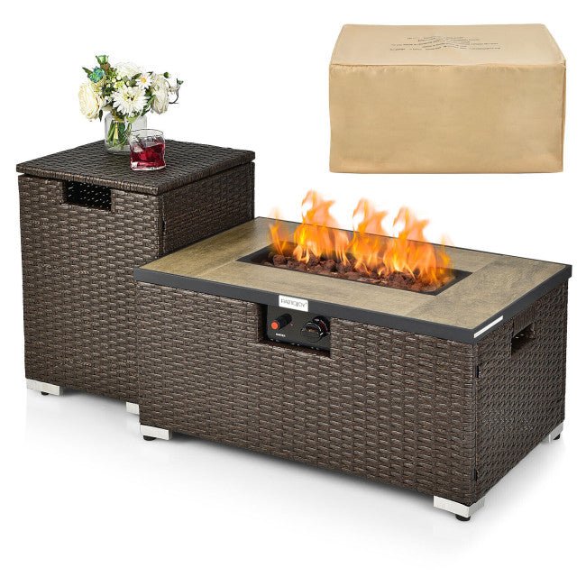 32" Propane Rattan Fire Pit Table Set W/ Side Table Tank & Cover (90165397)