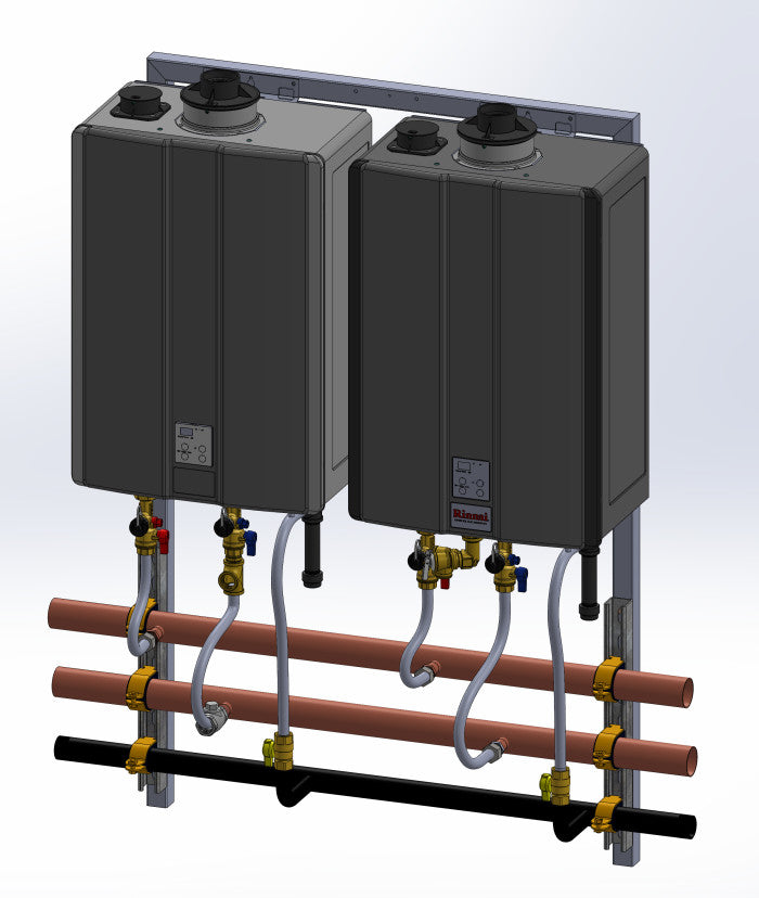 Rinnai SE+ 2-Unit Wall Hanging Frame System with Pump – RUR199i & RU199i | 398,000 BTU