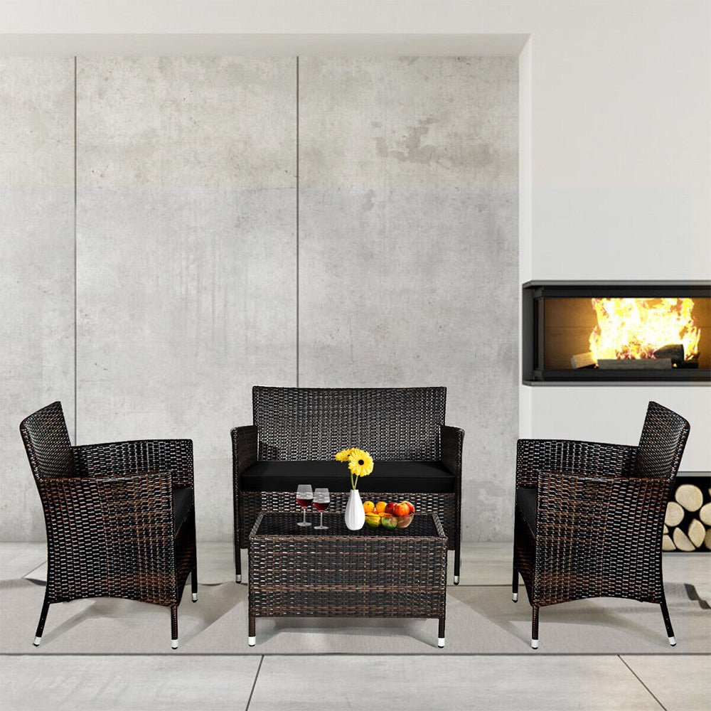 4PCS Outdoor Rattan Patio Furniture Set With Cushions & Coffee Table (92175463)