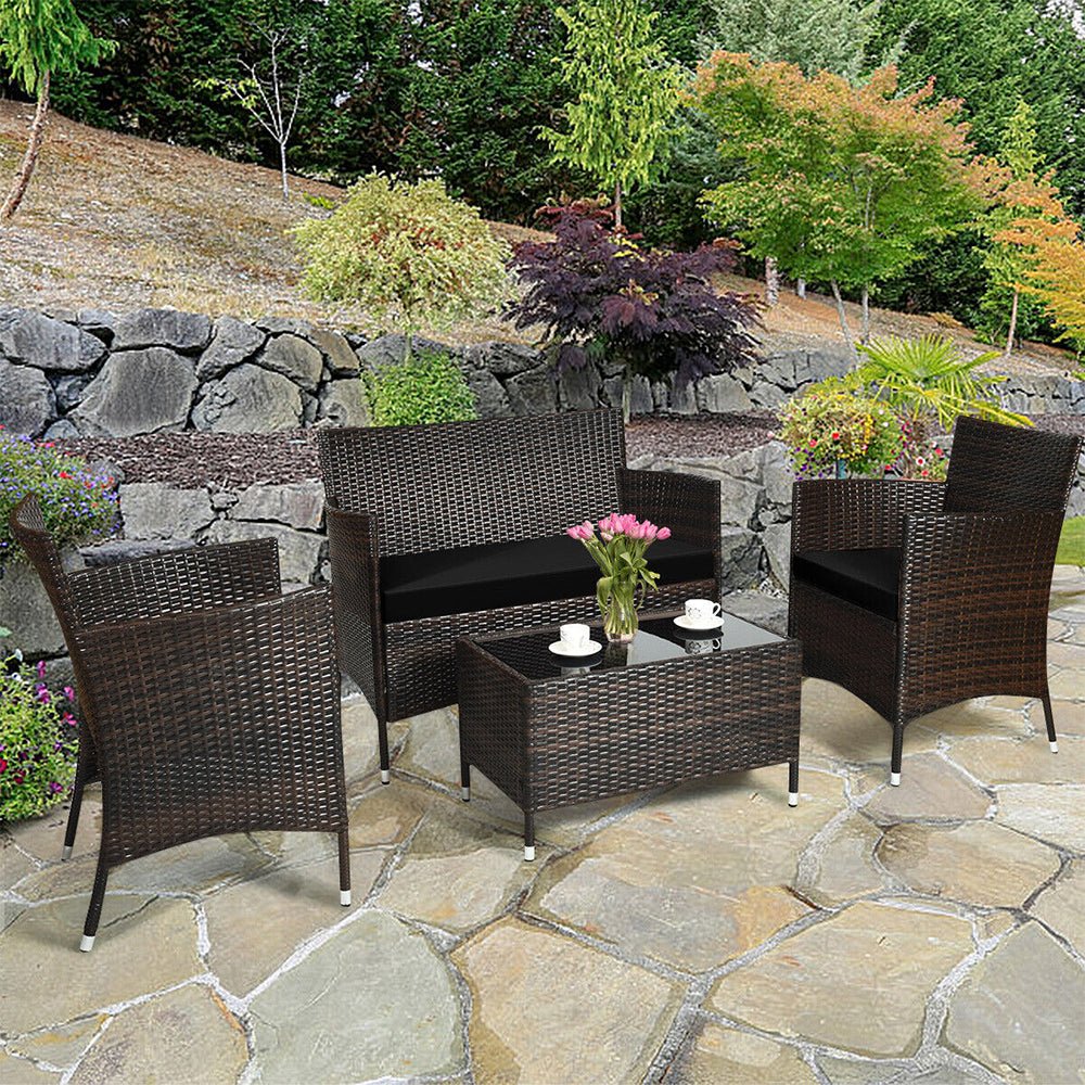 4PCS Outdoor Rattan Patio Furniture Set With Cushions & Coffee Table (92175463)