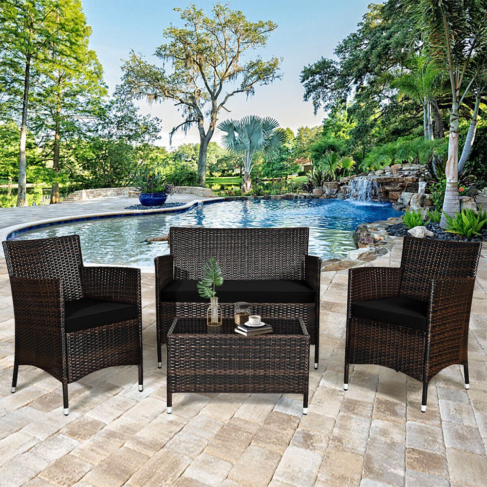 4PCS Outdoor Rattan Patio Furniture Set With Cushions & Coffee Table (92175463)