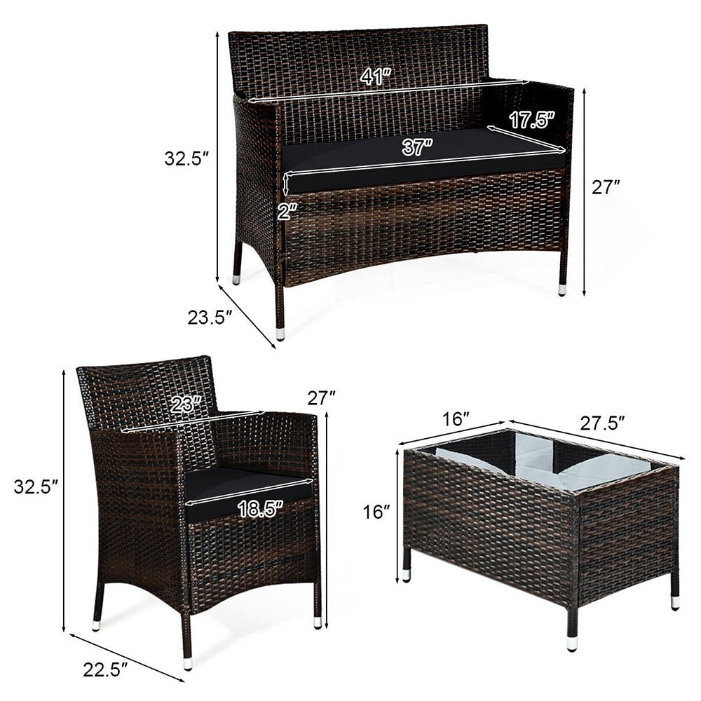 4PCS Outdoor Rattan Patio Furniture Set With Cushions & Coffee Table (92175463)