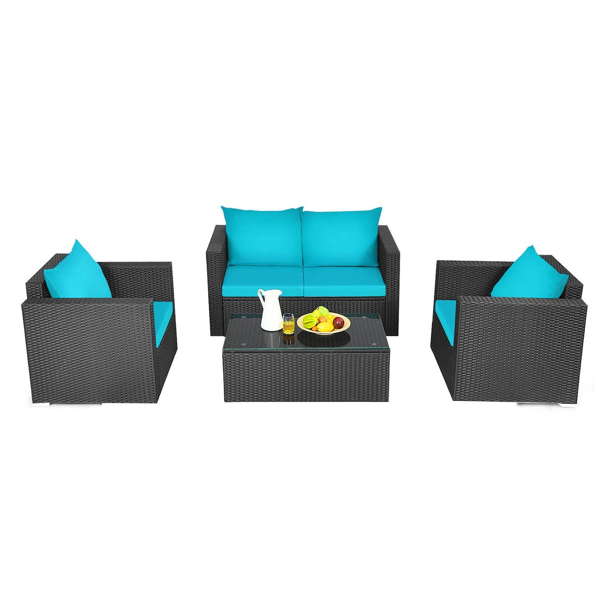 4PCS Outdoor Rattan Wicker Patio Furniture Set With Turquoise Cushions (97145368)