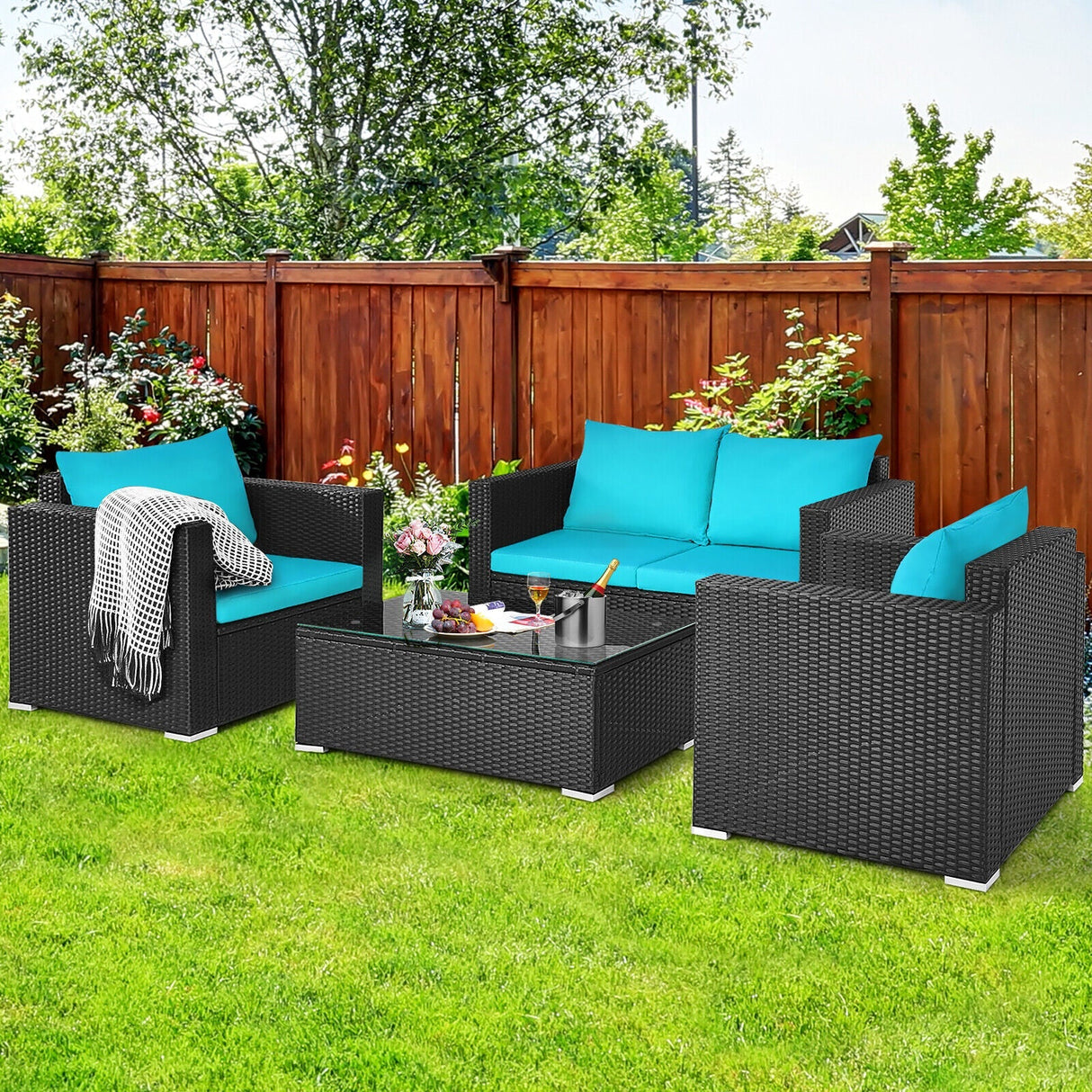 4PCS Outdoor Rattan Wicker Patio Furniture Set With Turquoise Cushions (97145368)
