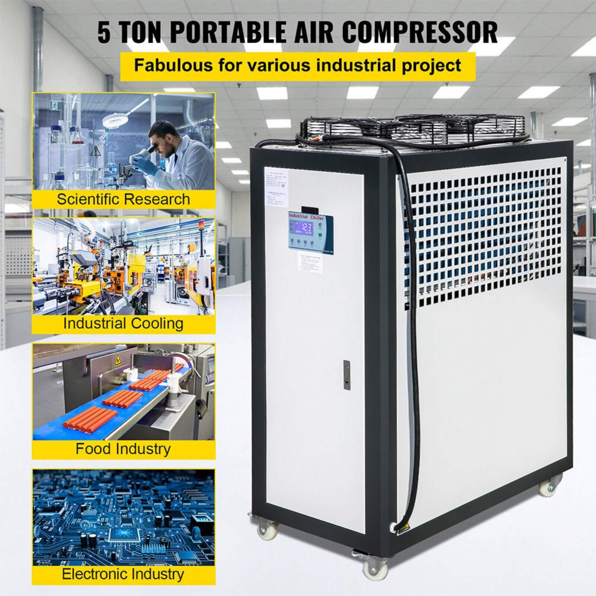 5 Ton Smart Air-Cooled SS Industrial Water Chiller With LCD Display & 53L Water Tank, 5HP