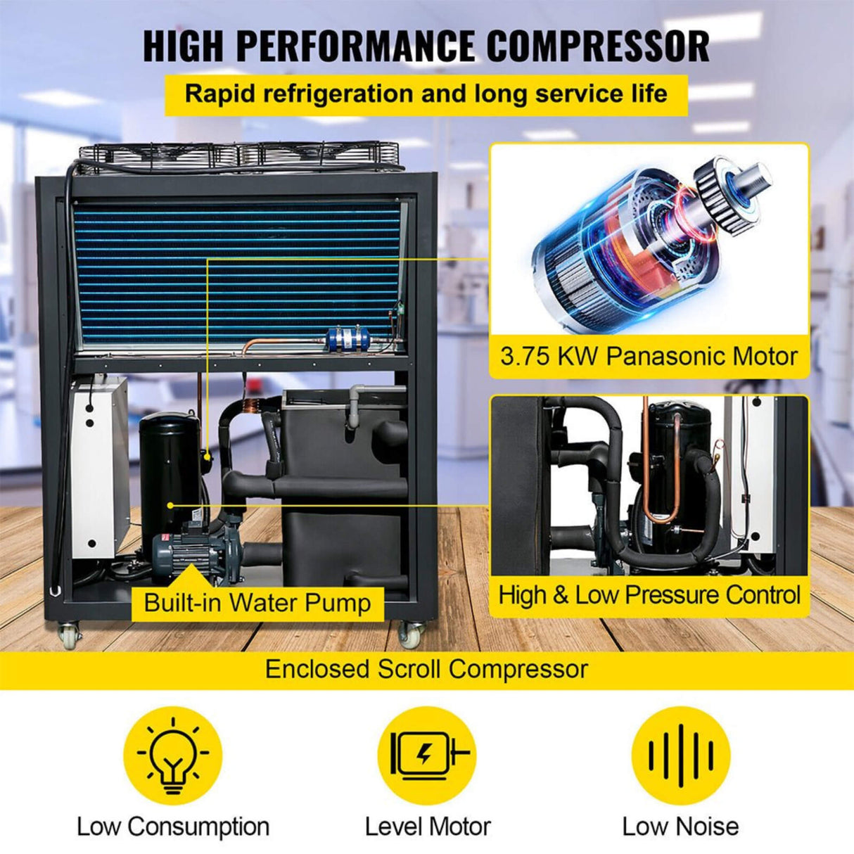 5 Ton Smart Air-Cooled SS Industrial Water Chiller With LCD Display & 53L Water Tank, 5HP