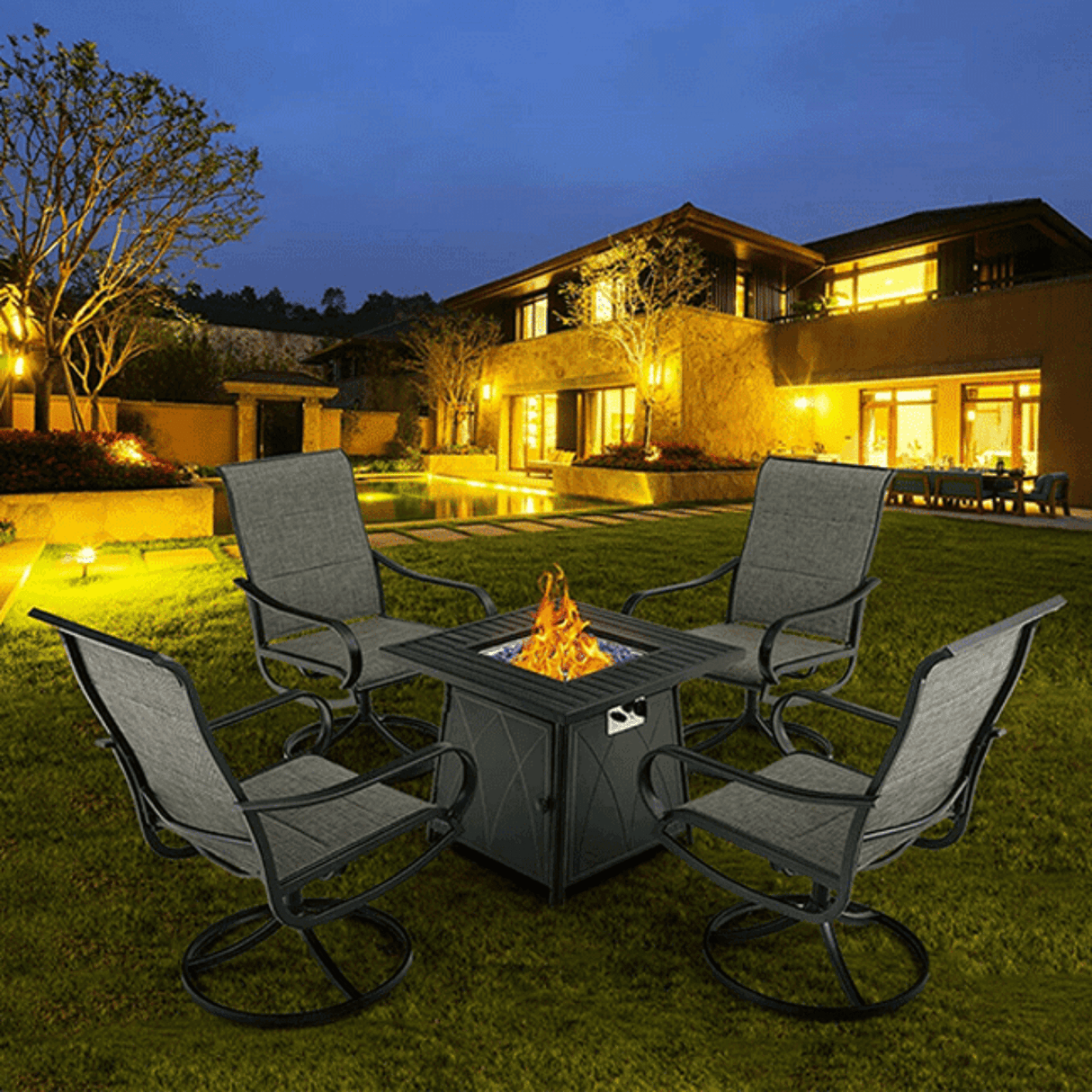 50K BTU Propane Gas Fire Pit Table Set W/ Swivel Chairs, 5PCS