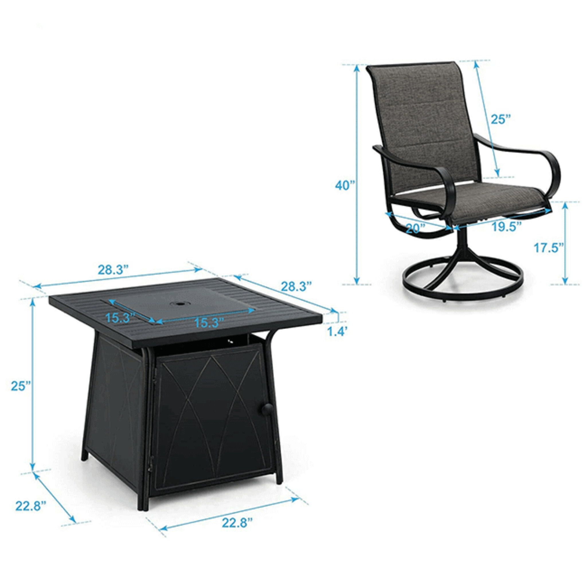 50K BTU Propane Gas Fire Pit Table Set W/ Swivel Chairs, 5PCS