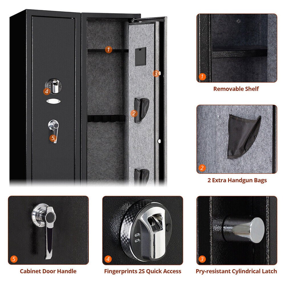 54 Inch Heavy Duty Biometric 5 Gun, Pistol & Long Rifle Security Safe W/ Removeable Shelf For Home & Office (93157284)