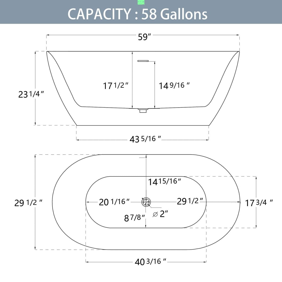 59" Freestanding Acrylic Oval Shape Soaking Tub With Integrated Slotted Overflow (95173864)
