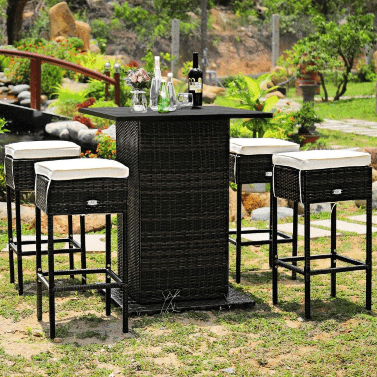 5PCS Patio Rattan Bar Table Stool Set With Hidden Storage Shelf & Cushions