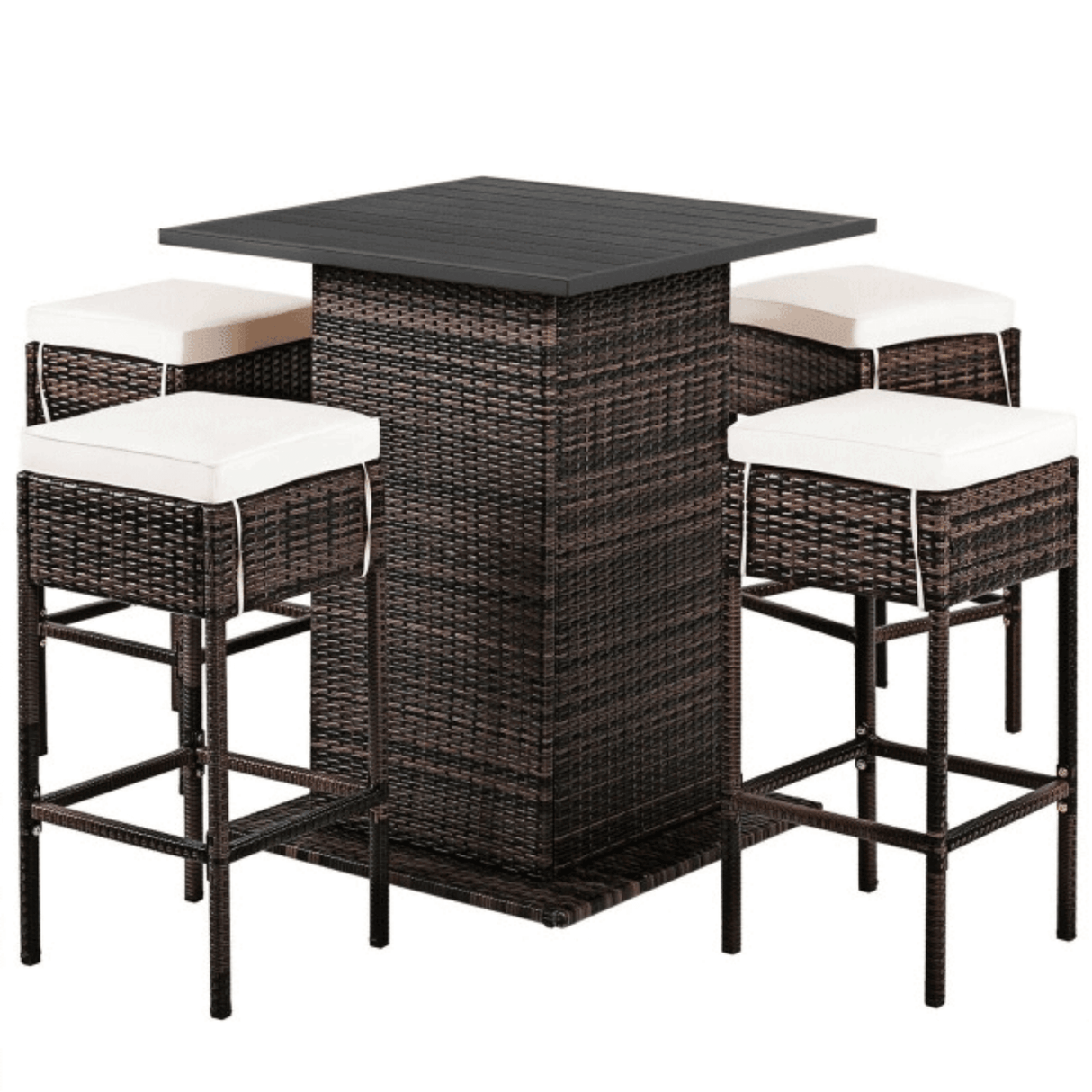 5PCS Patio Rattan Bar Table Stool Set With Hidden Storage Shelf & Cushions