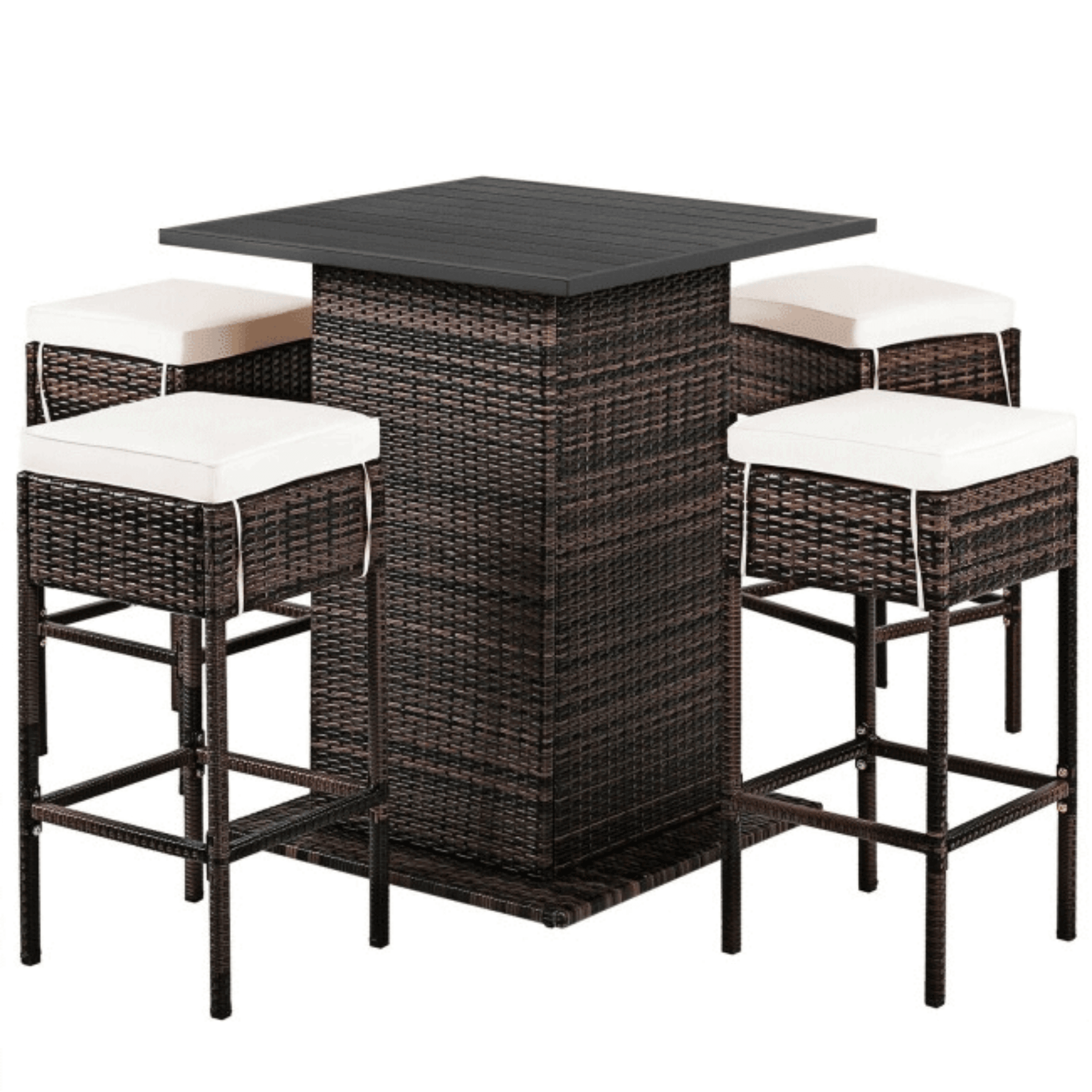 5PCS Patio Rattan Bar Table Stool Set With Hidden Storage Shelf & Cushions