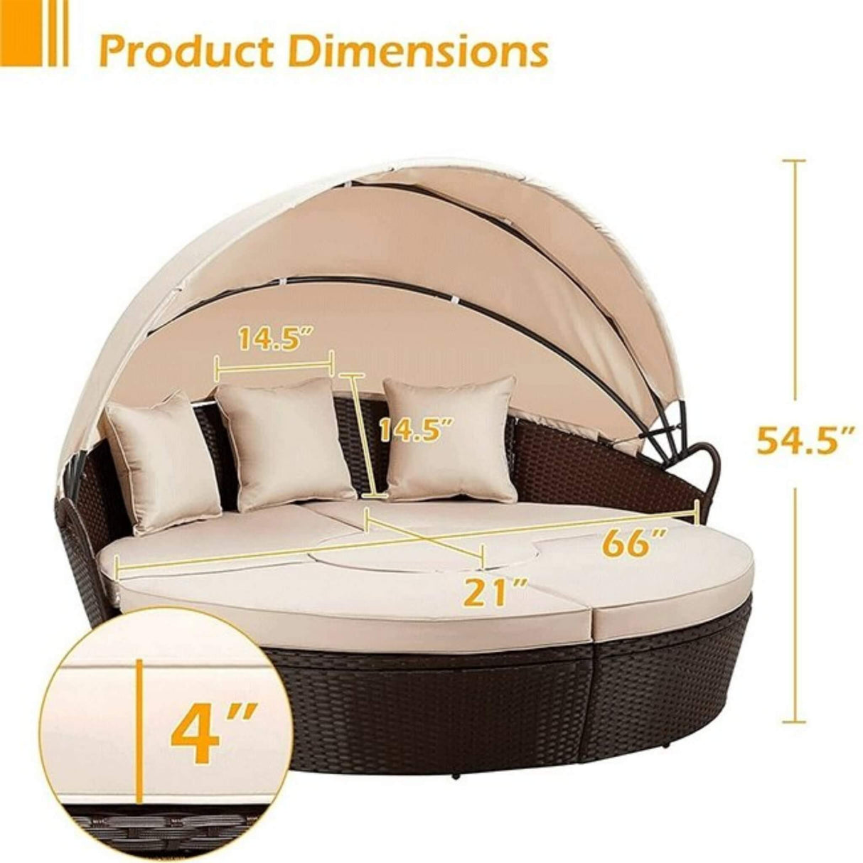 5PCS Round Outdoor Patio Rattan Wicker Daybed With Retractable Canopy, 66''