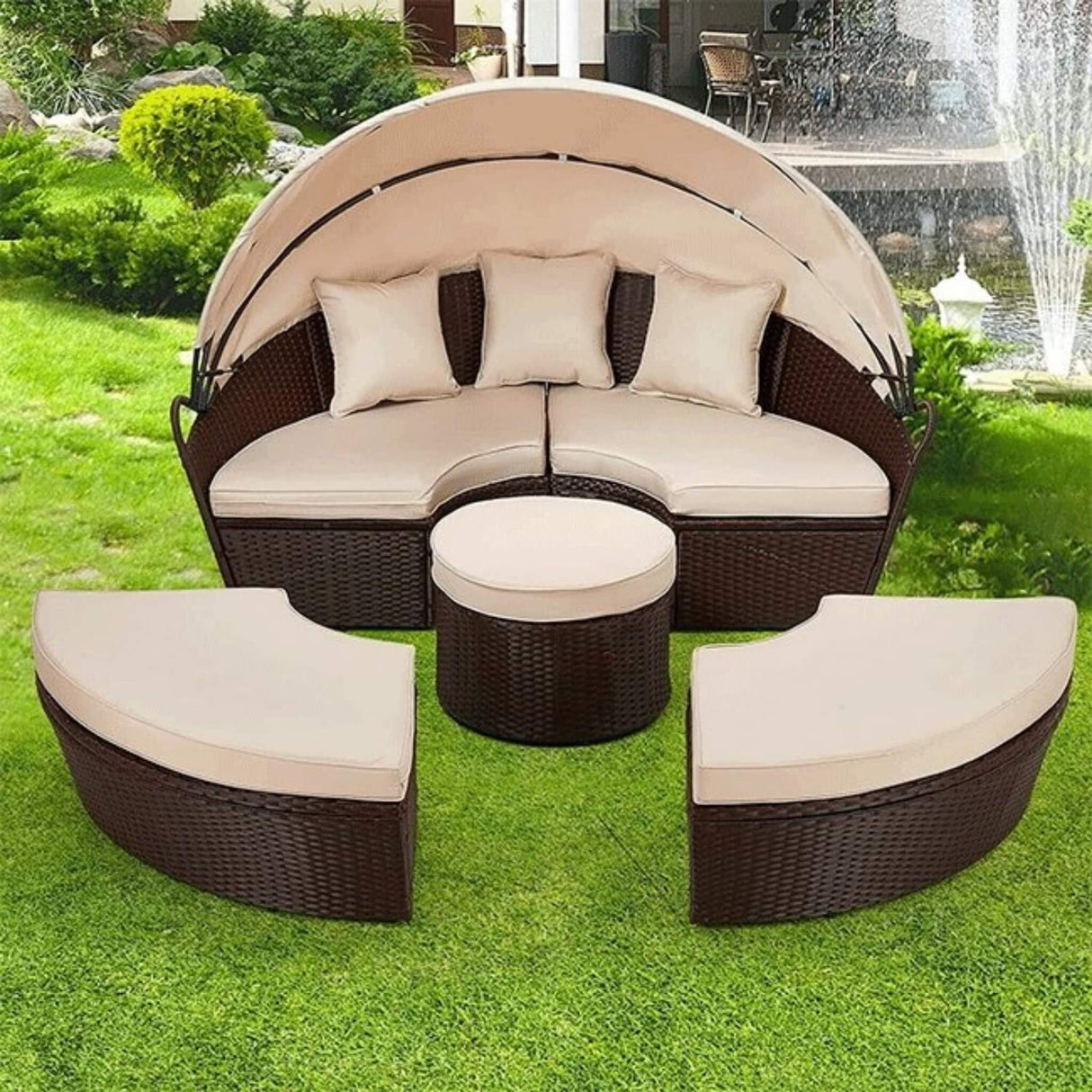 5PCS Round Outdoor Patio Rattan Wicker Daybed With Retractable Canopy, 66''