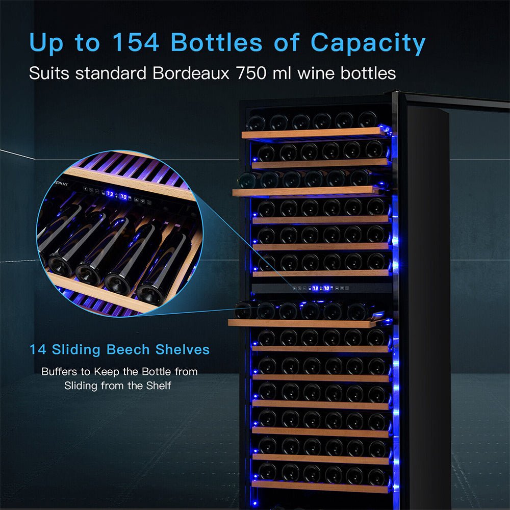 67" Large Freestanding Dual Zone Wine Bottle Cooler Refrigerator Chiller, 154 Bottles (96410372)