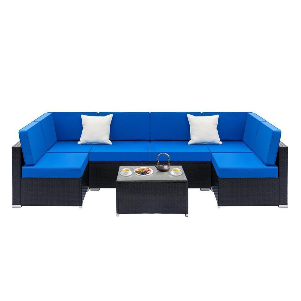 7PCS Outdoor Cushioned Patio Rattan Wicker Sofa Sectional Furniture Set (93875941)