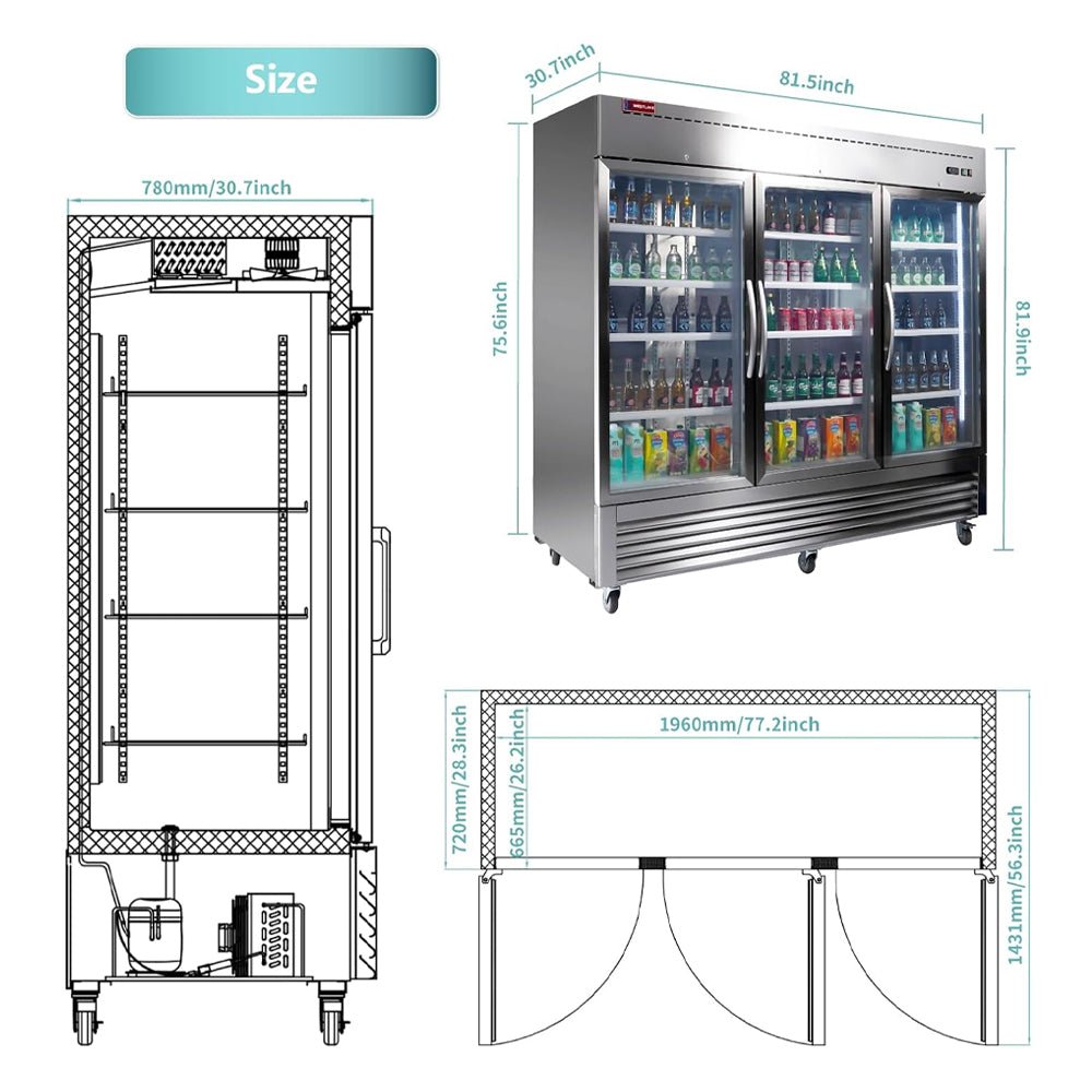 82" Commercial Stainless Steel Upright Display 3 Section Merchandiser Refrigerator (93815724)