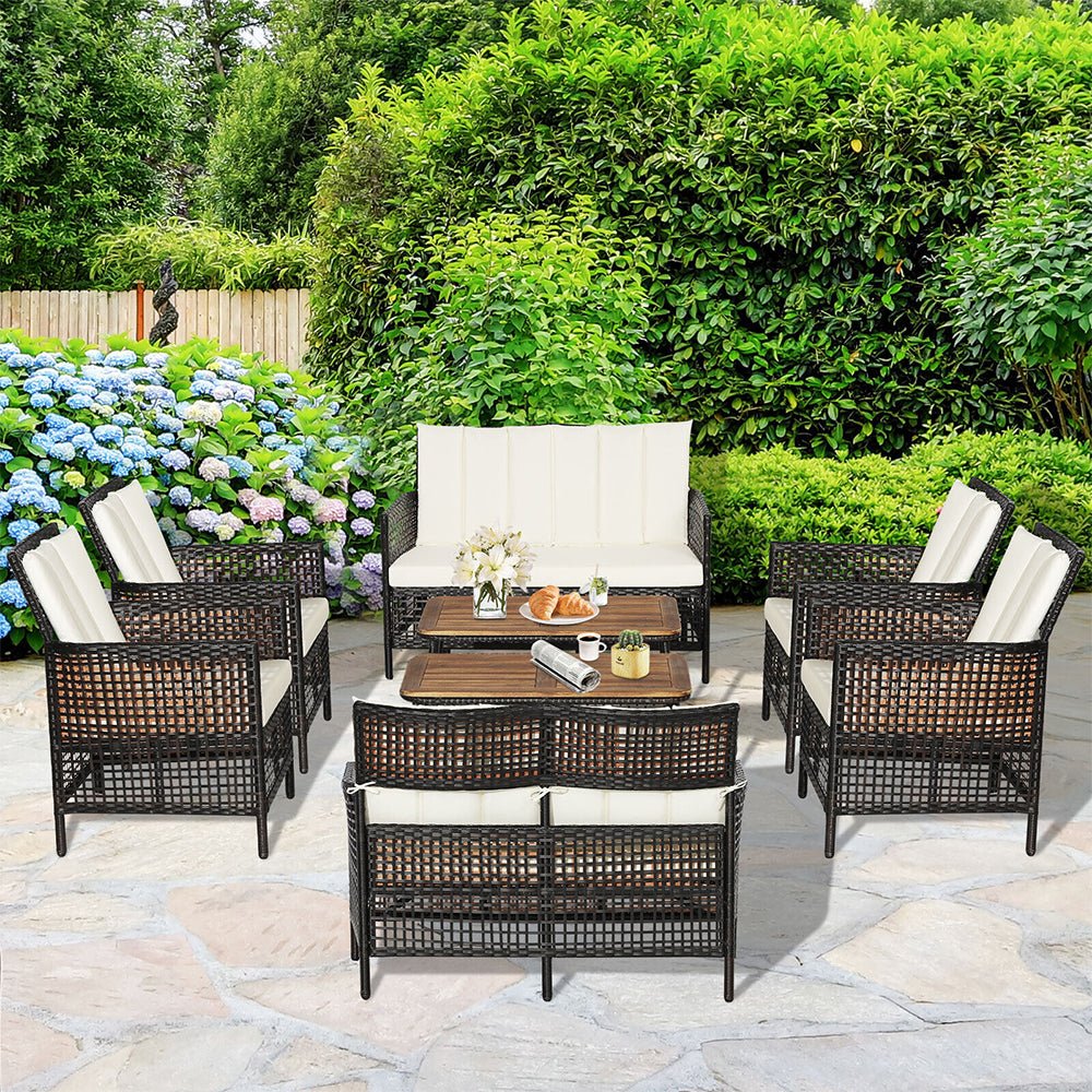 8PCS Outdoor Patio Rattan Furniture Set W/ Cushioned Chairs & Wooden Table Top (91730284)