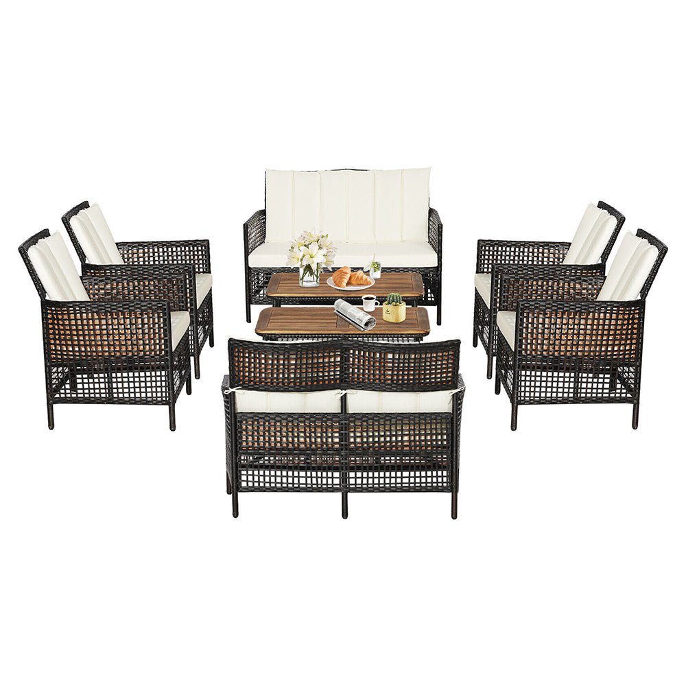 8PCS Outdoor Patio Rattan Furniture Set W/ Cushioned Chairs & Wooden Table Top (91730284)