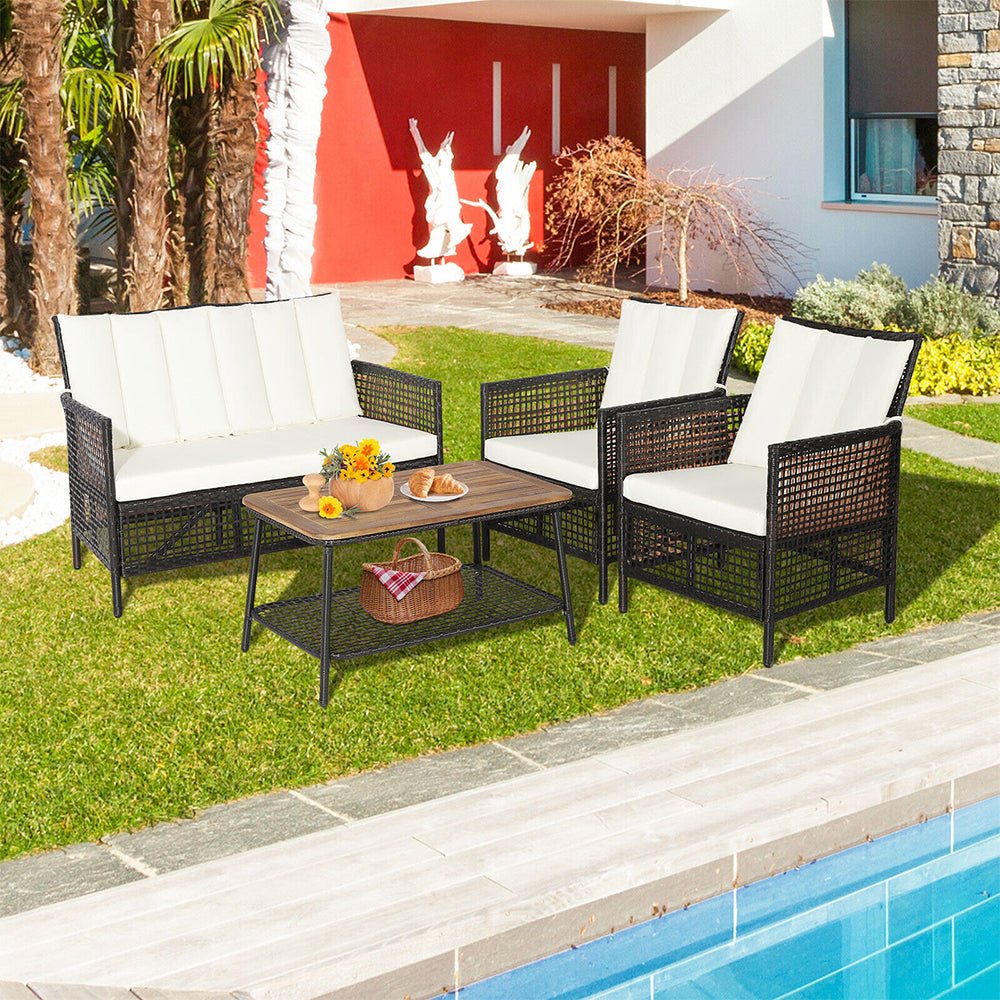 8PCS Outdoor Patio Rattan Furniture Set W/ Cushioned Chairs & Wooden Table Top (91730284)