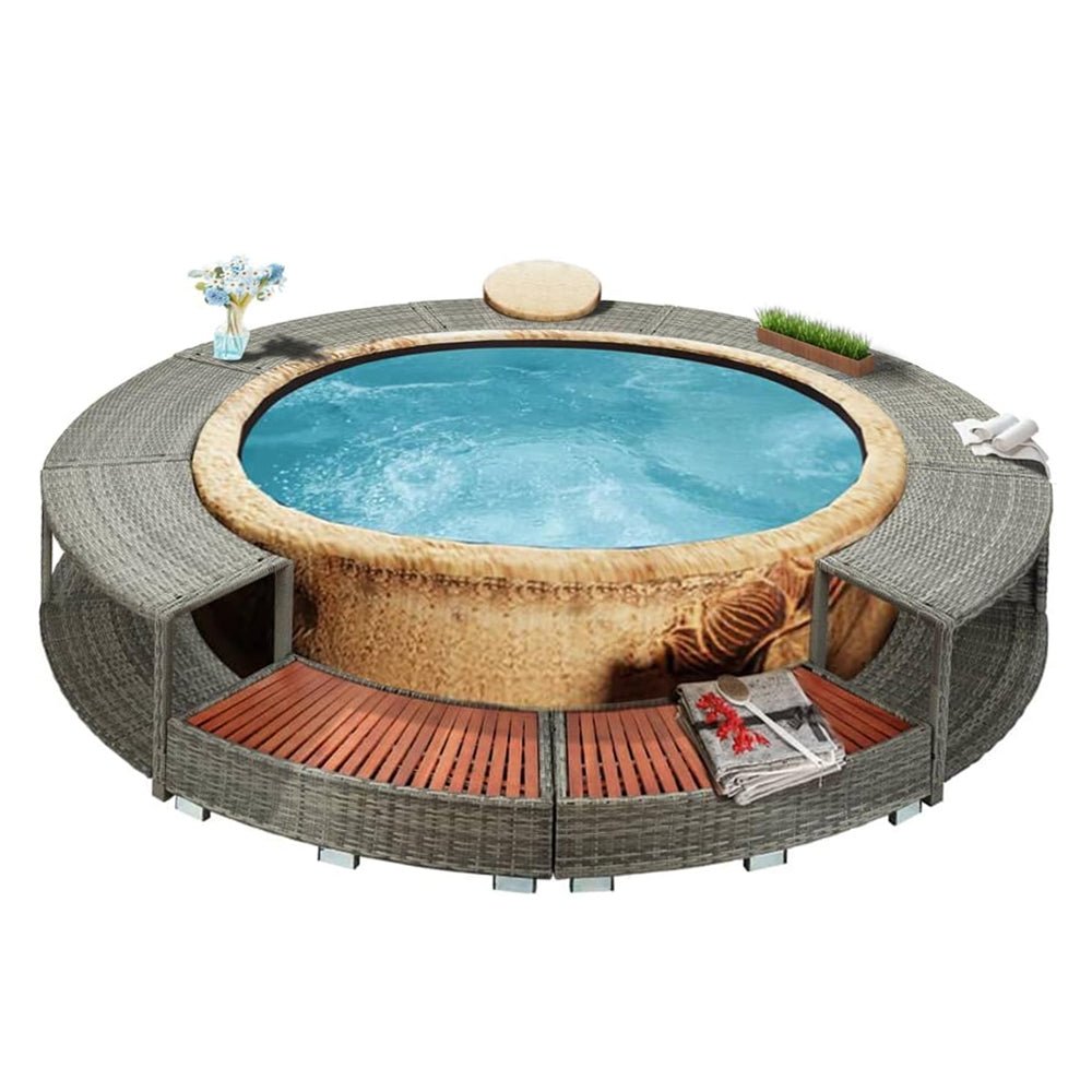 9FT Premium Round Outdoor Rattan Hot Tub Surround Frame With Storage Compartment, Gray (96315274)
