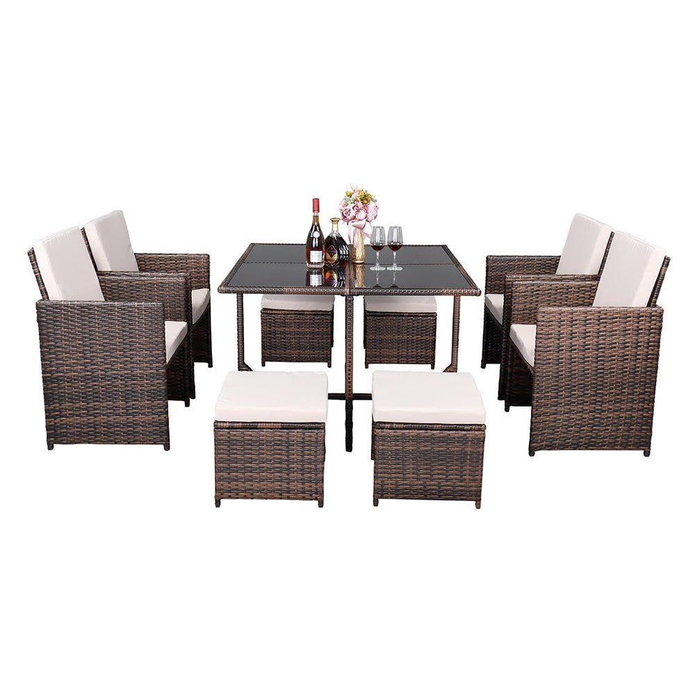 9PCS Outdoor Patio Sectional Wicker Rattan Furniture Set W/ Tempered Glass Table (98457316)