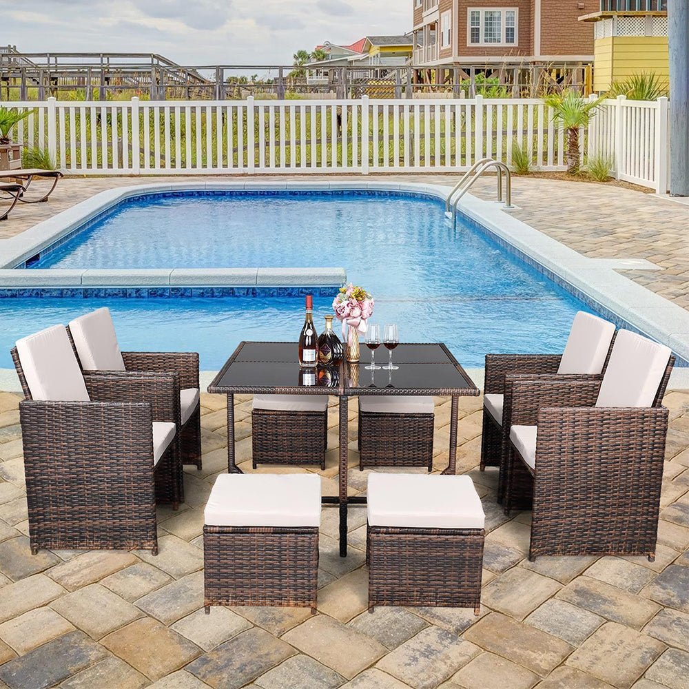 9PCS Outdoor Patio Sectional Wicker Rattan Furniture Set W/ Tempered Glass Table (98457316)
