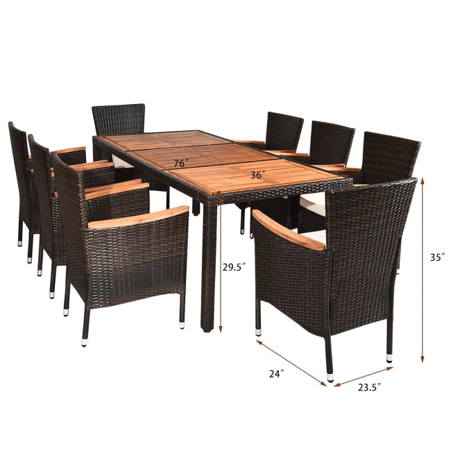 9PCS Patio Rattan Dining Set W/ Stackable Cushioned Chairs & Acacia Wood Table Top
