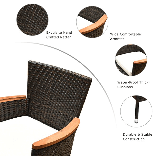 9PCS Patio Rattan Dining Set W/ Stackable Cushioned Chairs & Acacia Wood Table Top