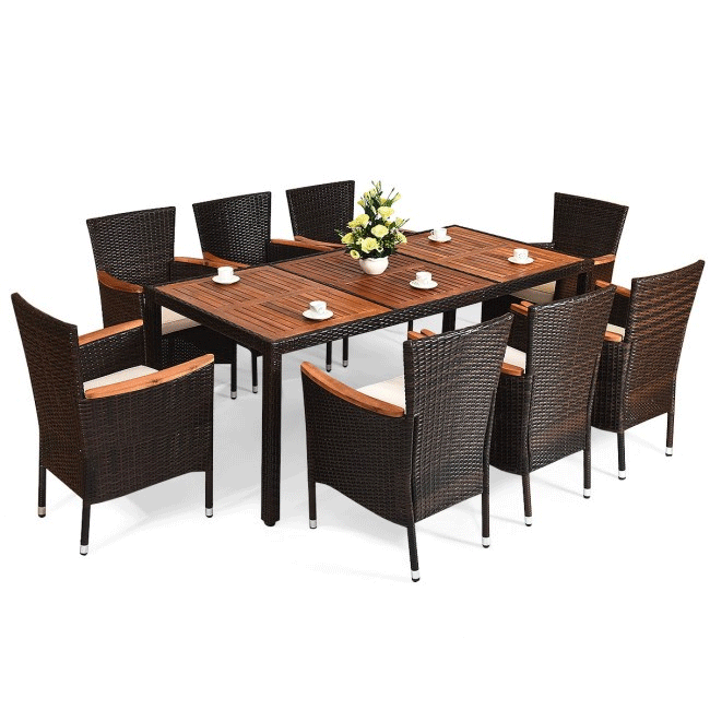 9PCS Patio Rattan Dining Set W/ Stackable Cushioned Chairs & Acacia Wood Table Top