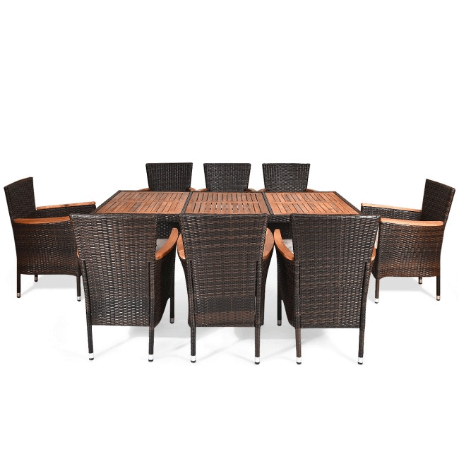 9PCS Patio Rattan Dining Set W/ Stackable Cushioned Chairs & Acacia Wood Table Top