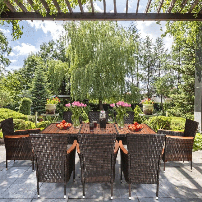 9PCS Patio Rattan Dining Set W/ Stackable Cushioned Chairs & Acacia Wood Table Top