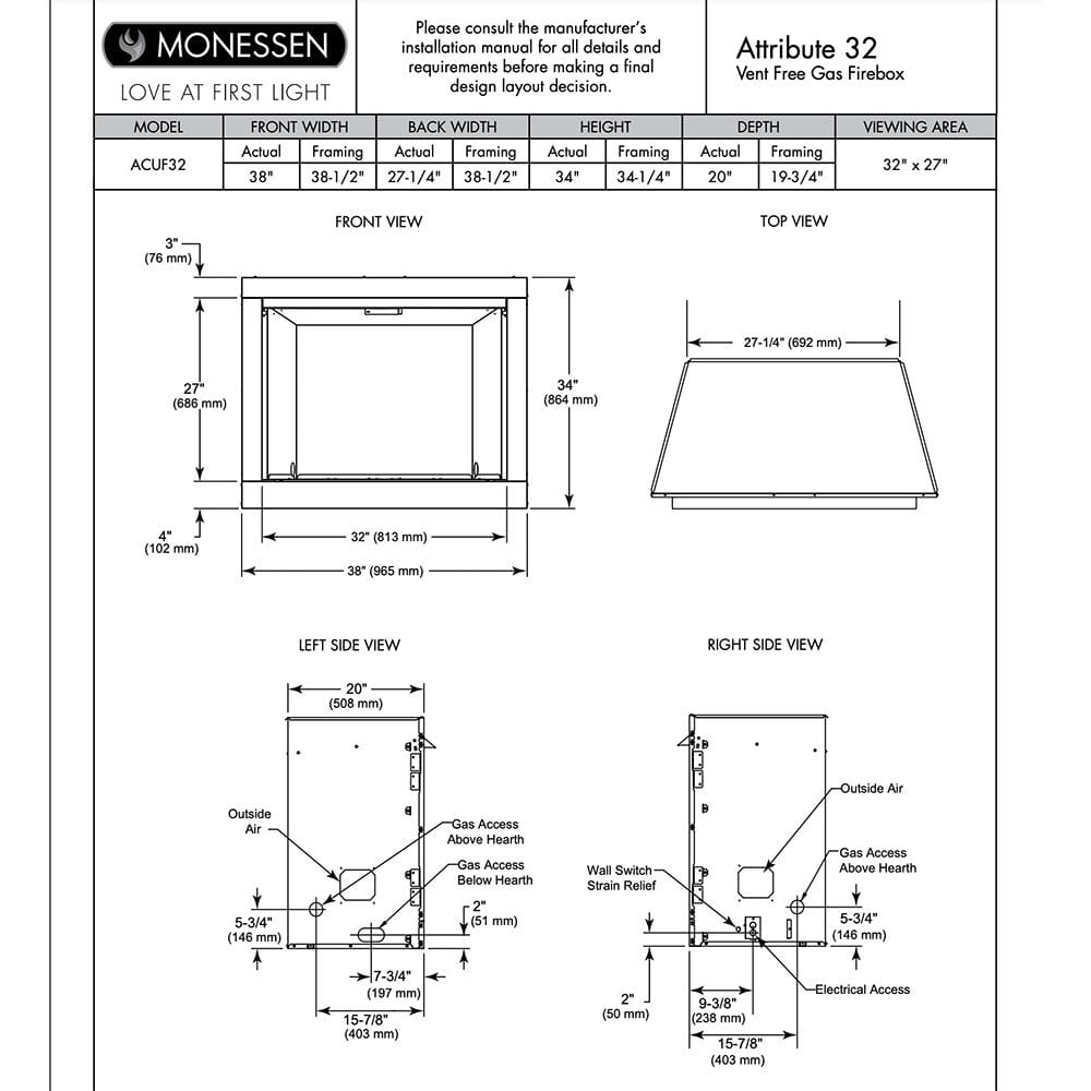 Monessen 32" Attribute Universal Circulating Vent-Free Firebox with Radiant Face and Multitonal Reversible Interior Panels