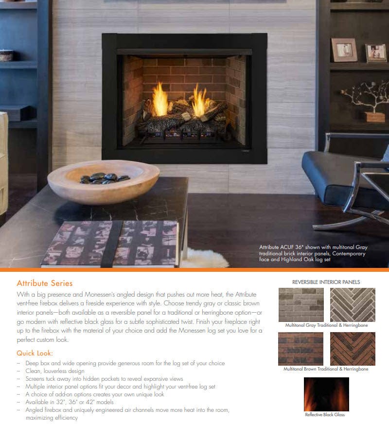 Monessen 42" Attribute Universal Circulating Vent-Free Firebox with Radiant Face and Multitonal Reversible Interior Panels