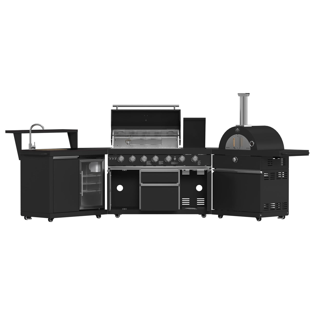 Forno All’Aperto Outdoor Kitchen – 87,600 BTU, 4 Burners, Infrared Burners, Pizza Oven, Black Countertops, Bar & Beverage Center