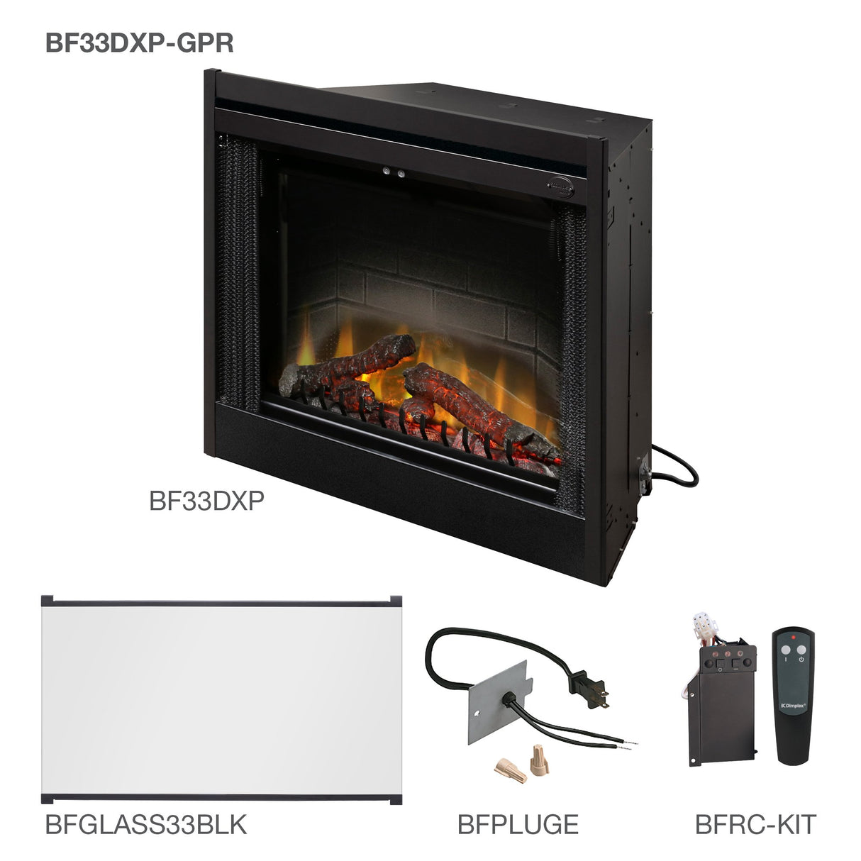 Dimplex Deluxe 33" Built-In Electric Firebox with Glass Pane Kit/Plug Kit/RC - BF33DXP-GPR