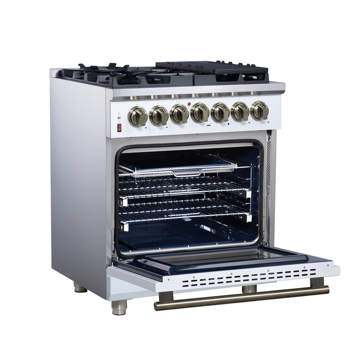 Forno Massimo Freestanding Dual Fuel Range with Antique Brass Accessories, Convection Oven