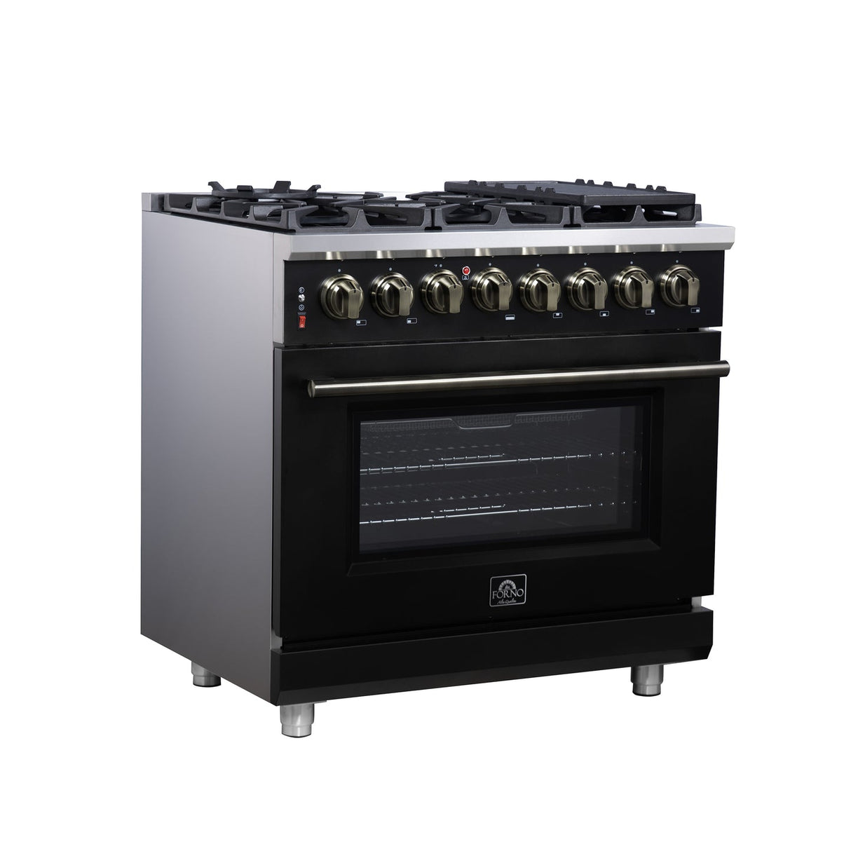 Forno Massimo Freestanding Dual Fuel Range with Antique Brass Accessories, Convection Oven