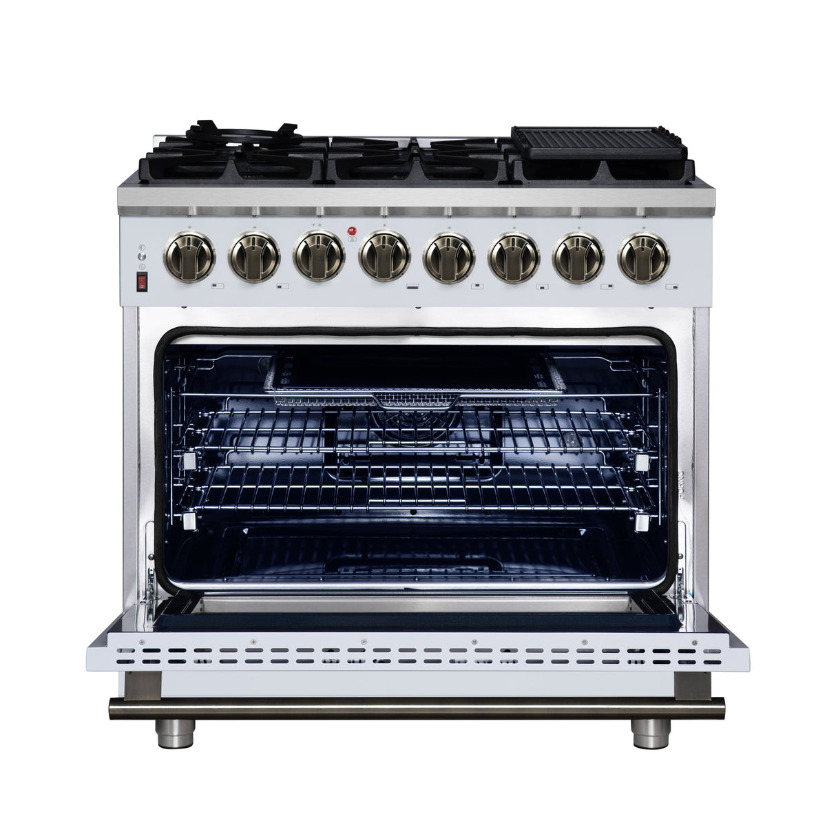 Forno Massimo Freestanding Dual Fuel Range with Antique Brass Accessories, Convection Oven