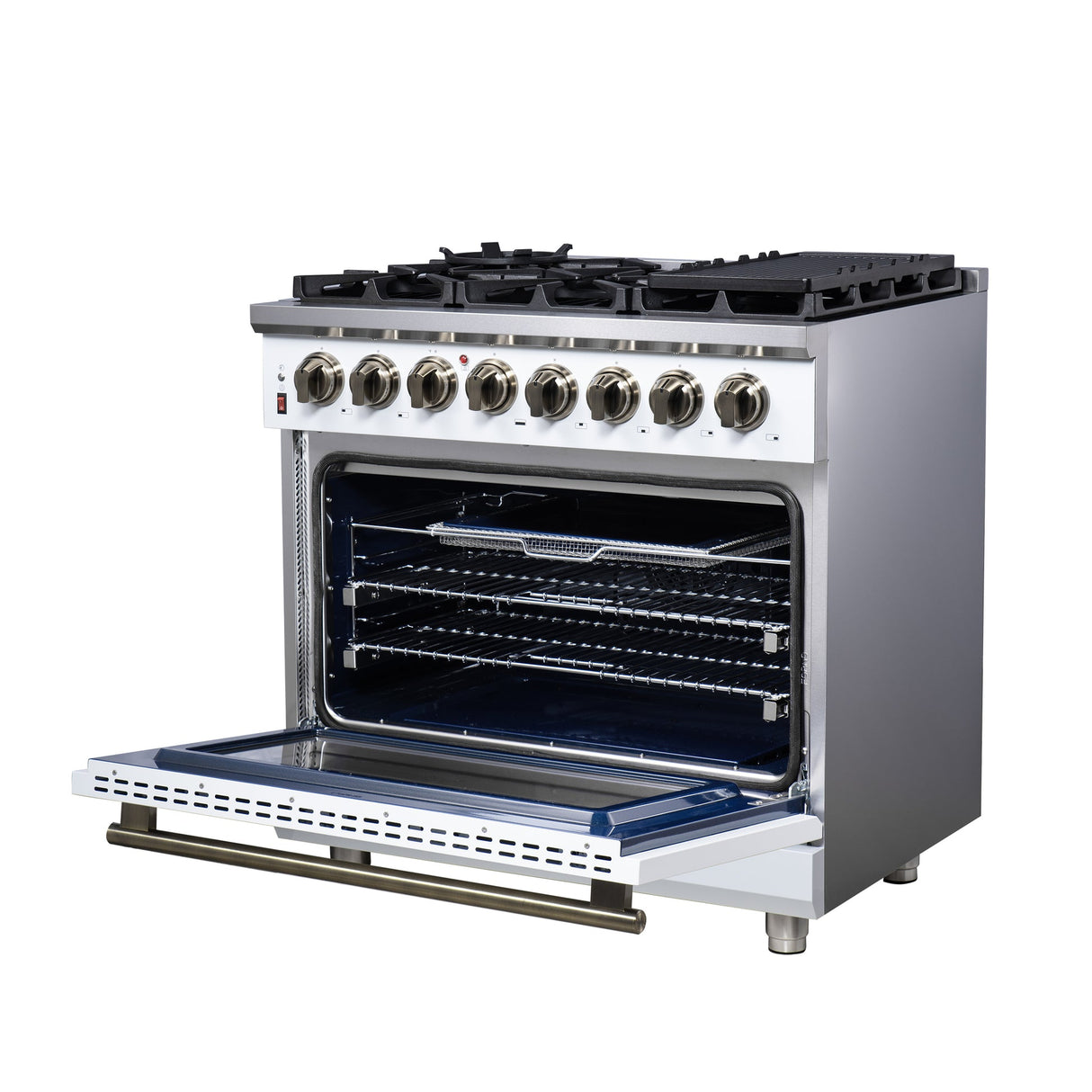 Forno Massimo Freestanding Dual Fuel Range with Antique Brass Accessories, Convection Oven