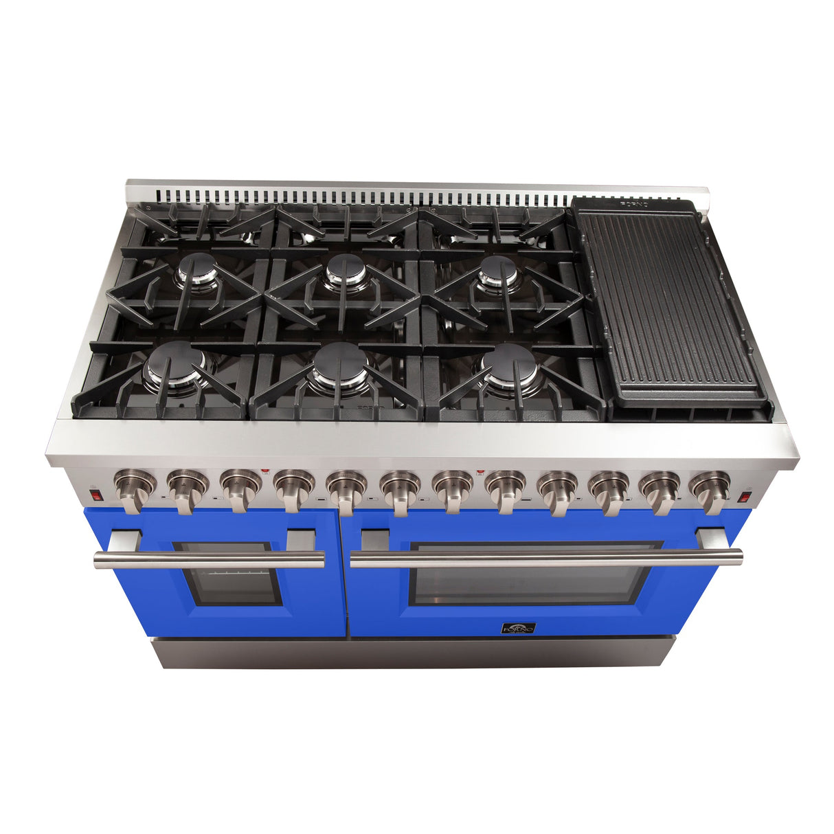 Forno Galiano 48-Inch Freestanding Dual Fuel Range, Double Convection Ovens, Blue Doors