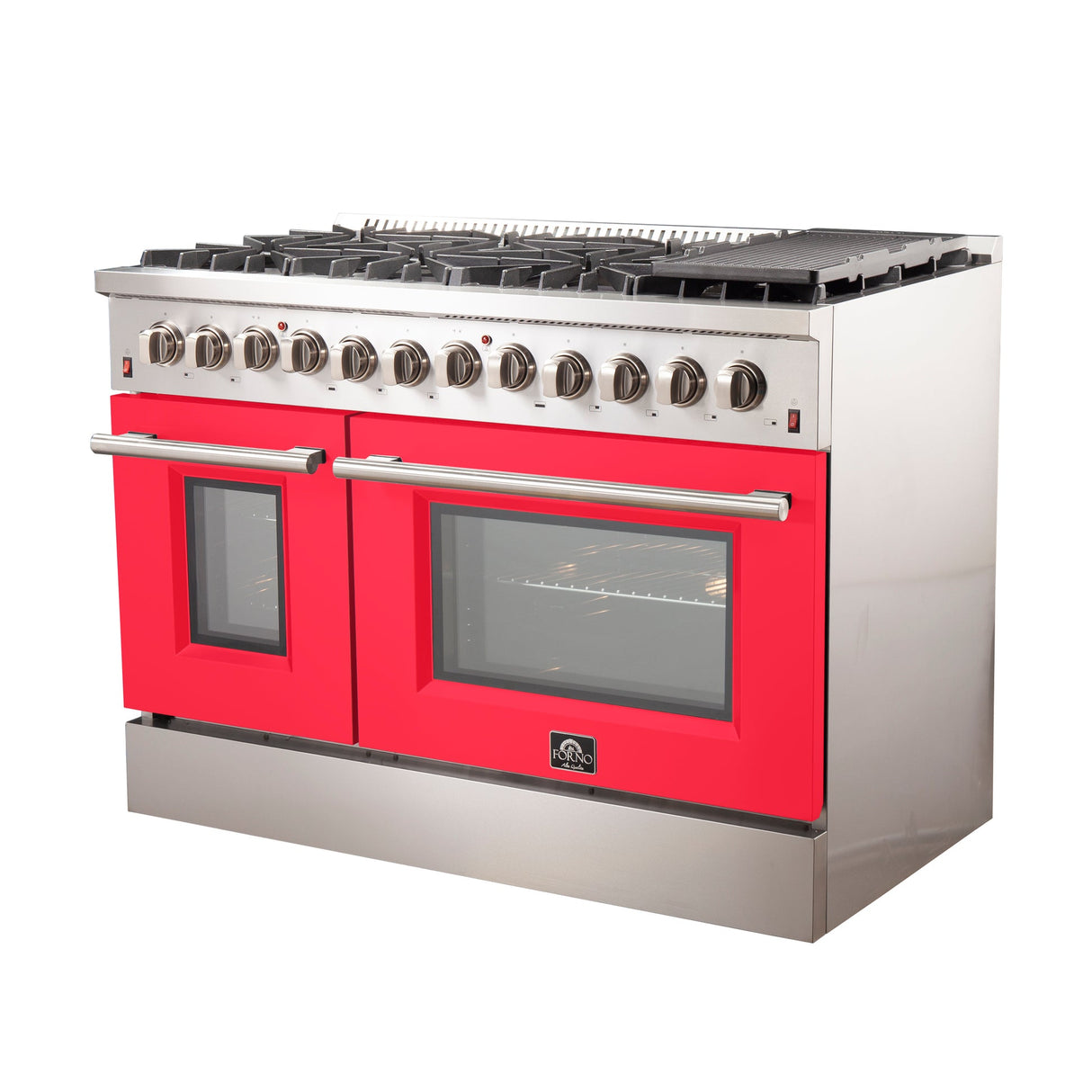 Forno Galiano 48-Inch Freestanding Dual Fuel Range, Double Convection Ovens, Red Doors