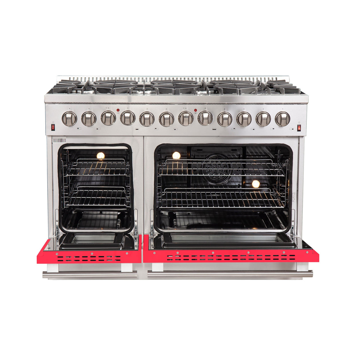 Forno Galiano 48-Inch Freestanding Dual Fuel Range, Double Convection Ovens, Red Doors