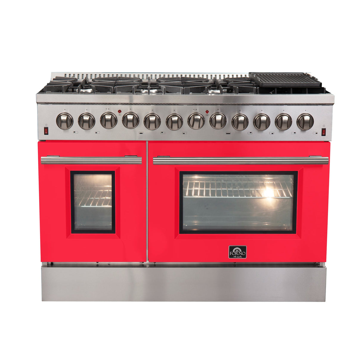 Forno Galiano 48-Inch Freestanding Dual Fuel Range, Double Convection Ovens, Red Doors
